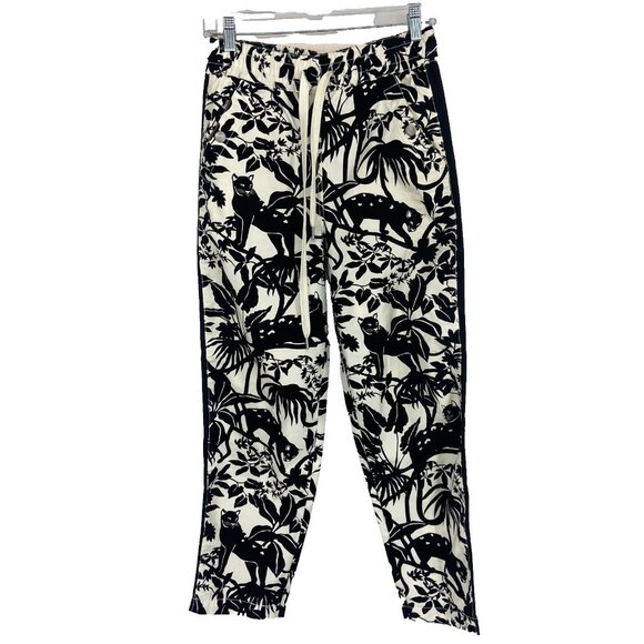 Maeve Anthropologie Women XS Floral Pant Panther Cat Black Cream Boho Tapered - Picture 1 of 10